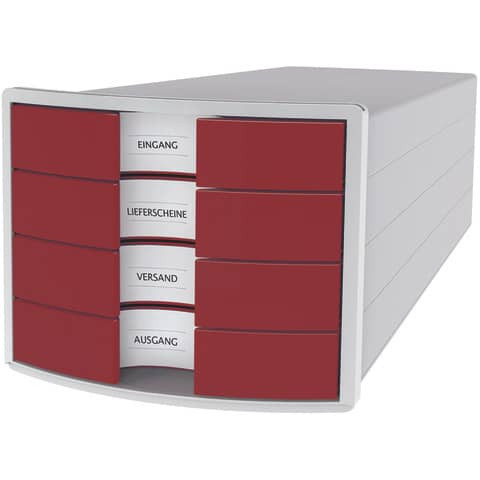 Schubladenbox IMPULS - A4/C4, 4 geschlossene Schubladen, lichtgrau/rot