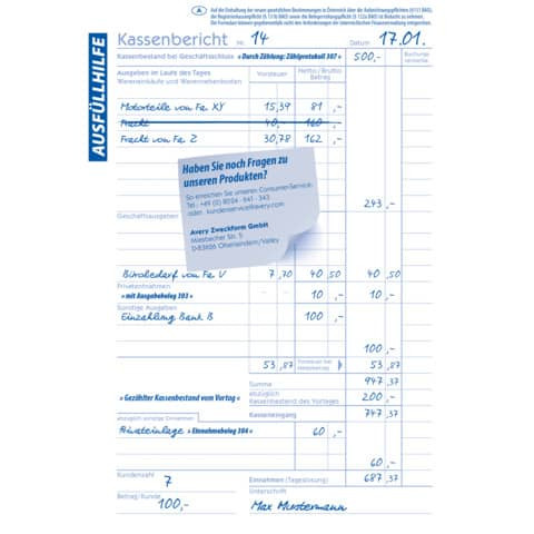 Kassenbuch Bericht A5 2x40Blatt SD blau AVERY ZWECKFORM 1743