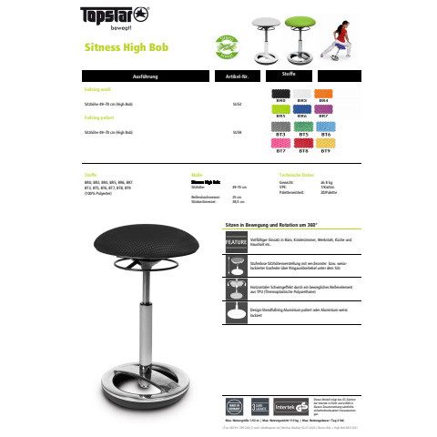 Drehhocker Sitness High Bob schwarz TOPSTAR SU59BR0