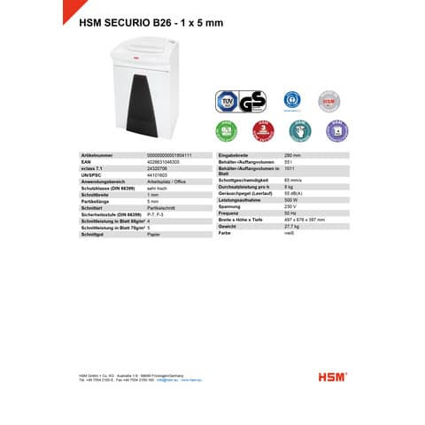 Aktenvernichter SecurioB26 ws HSM 1804111 1x5mm