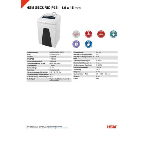Aktenvernichter SecuriP36i weiß HSM 1852121 1,9x15mm