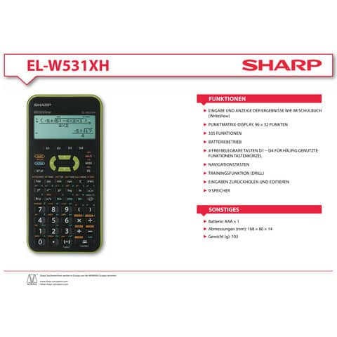 Schulrechner 4-zeilig grün SHARP ELW531XH-GR Solar+Batt