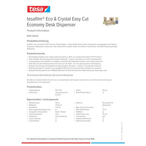 Tischabroller +1RL PET ECO & CRYSTAL kla TESA 59045-00000-00 19mm x10m Desk Disp.