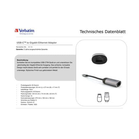 Adapter USB-C Ethernet schwarz/grau VERBATIM 49146