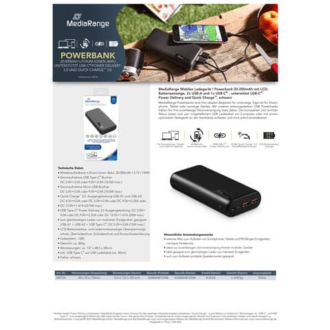Ladestation Powerbank 20.000mAh 15W MEDIARANGE MR756 USB