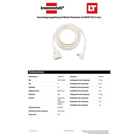 Verlängerungskabel PVC 5m weiß BRENNENSTUHL 1168980250 Flachstecker