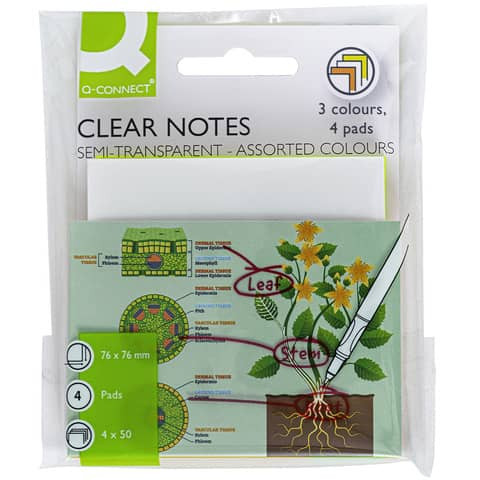 Haftnotizblock 4x50BL PP transp-sortiert Q-CONNECT KF10371 76x76mm