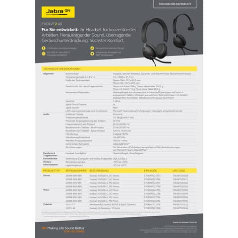 Headset Evolve2 40 UC Mono USB-C JABRA 24089-889-899 f. PC/Notbook