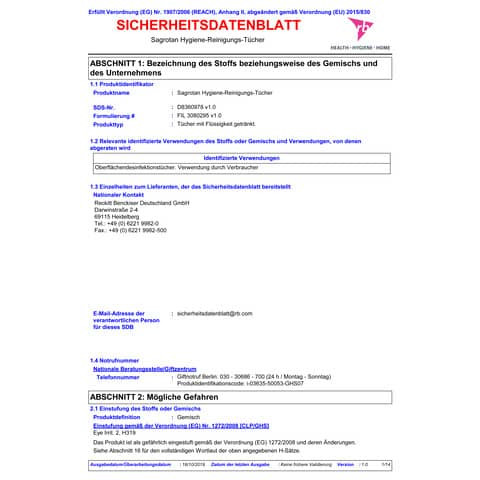 Hygiene-Reinigungstücher 60ST SAGROTAN 3250406
