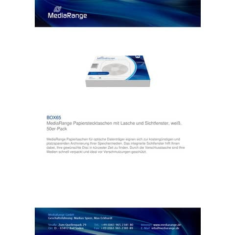 CD Papierhülle 50ST weiß MEDIARANGE BOX65