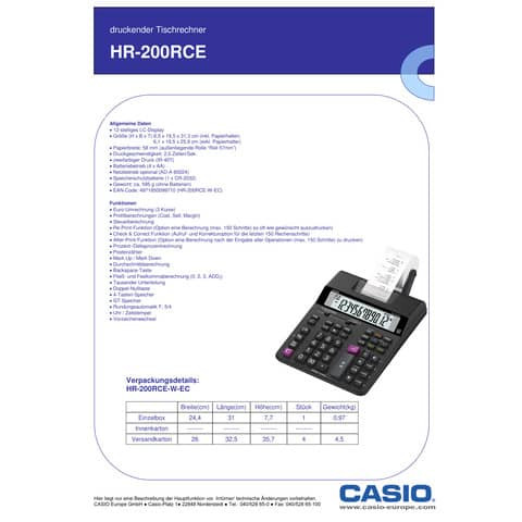 Tischrechner druckend schwarz CASIO HR-200RCE