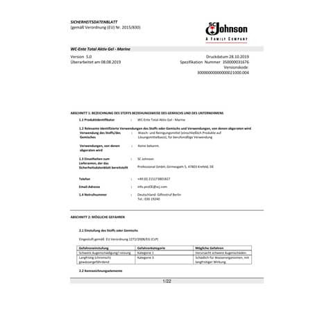 WC Reiniger Total Aktiv Gel Marine WC-ENTE 349089 750ml