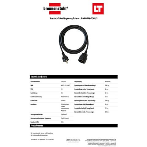 Verlängerungskabel 3m schwarz BRENNENSTUHL 1162180