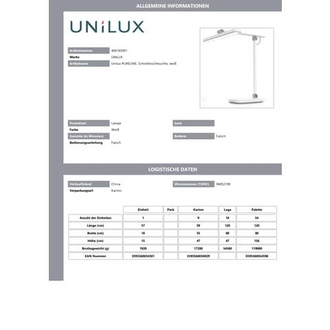 Tischleuchte LED weiß UNILUX 400165091 Pureline