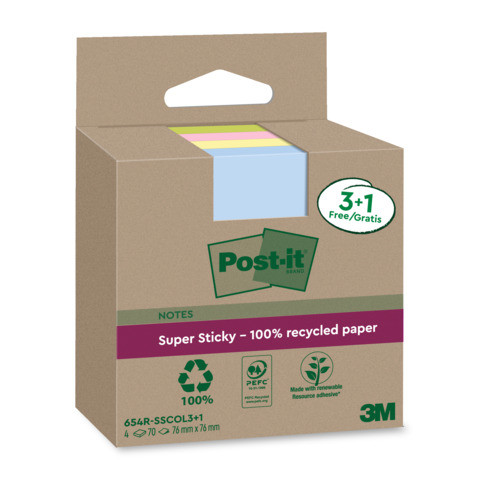 Haftnotizblock Recycled farbig POST-IT 654 RSSCOL 3+1F 76x76mm