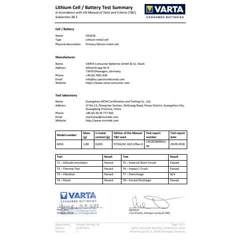 Knopfzellen-Batterie CR2016 4ST silber VARTA 06016 101 404