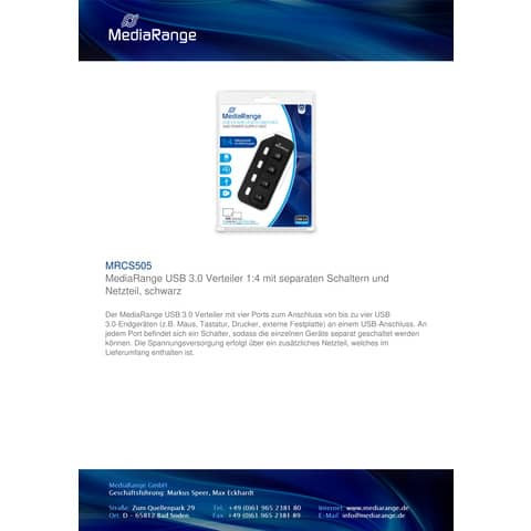 USB-Hub 3.0 1:4 weiß/sw MEDIARANGE MRCS505
