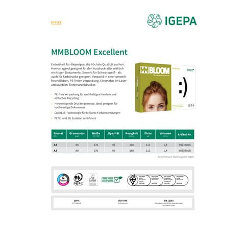 Kopierpapier Excellent A3 80g 500BL weiß MM BLOOM 9928B80B