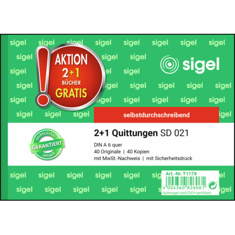 Kassen-Quittung A6/2x40 Blatt 3 Stück SIGEL T1178 2+1 (gratis) Aktion