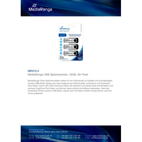USB Stick 3ST 2.0 high speed inkl. URA MEDIARANGE MR910-3 16GB