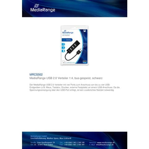 USB-Hub 2.0 1:4 schwarz MEDIARANGE MRCS502
