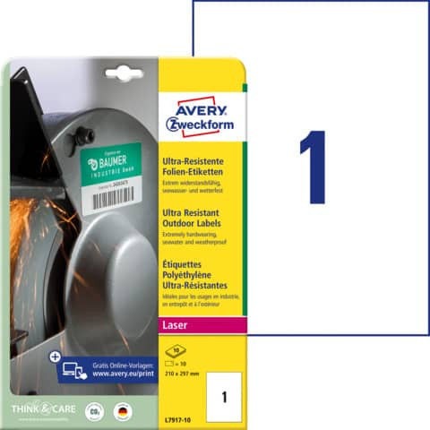 Folienetiketten 210x297 weiß AVERY ZWECKFORM L7917-10 Ultra-Res.