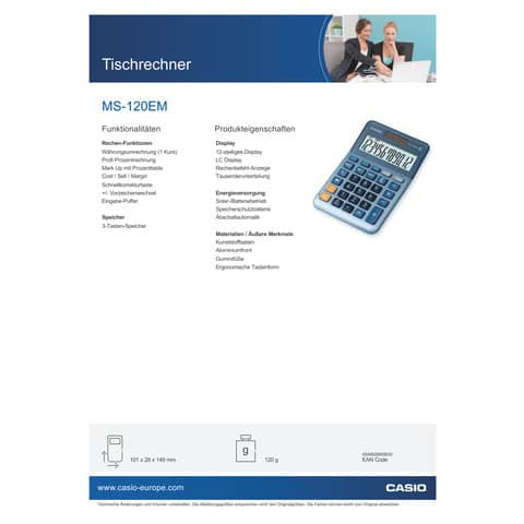Tischrechner 12-stellig silberblau CASIO MS-120EM Solar/Batterie