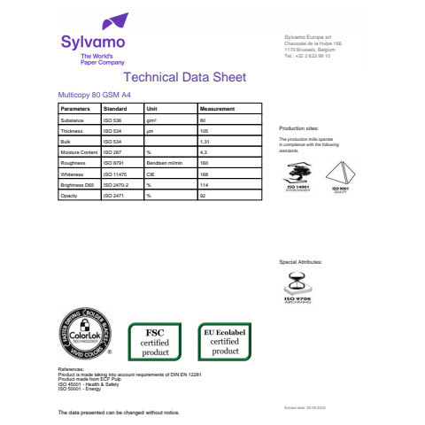 Kopierpapier A4 80g 2500BL weiß MULTICOPY 663842/83370A80S