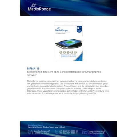 Ladegerät induktiv USB schwarz MEDIARANGE MRMA118 15Watt