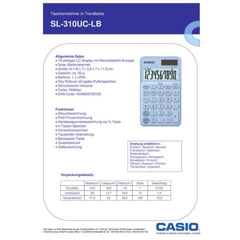 Taschenrechner 10-stellig hellblau CASIO SL-310UC-LB