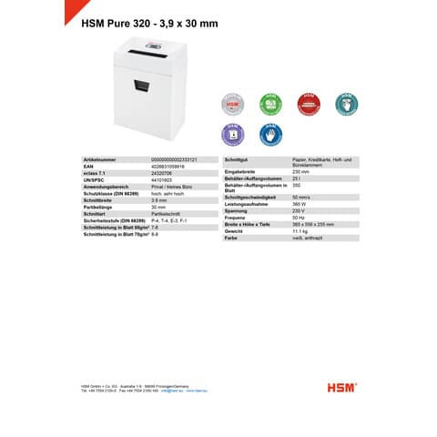 Aktenvernichter Pure 320 weiß HSM 2333121 Part.3,9x30mm