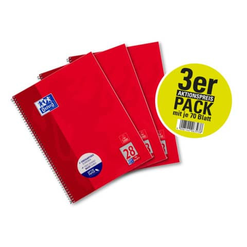 Collegeblock 3ST A4+ 70BL rot OXFORD 400177130 Lineatur 28