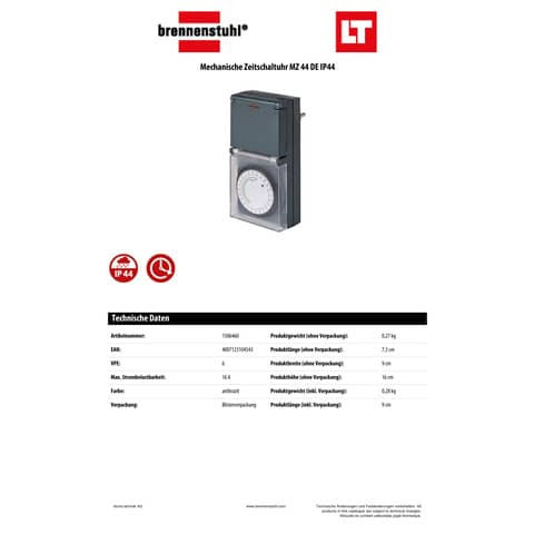 Zeitschaltuhr mechanisch MZ44 anthrazit BRENNENSTUHL 1506460 Innen-/Außen