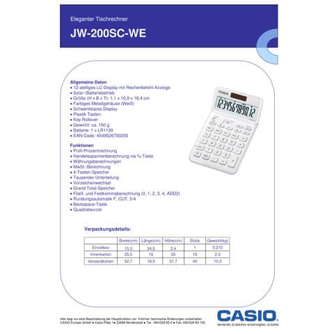 Tischrechner 12-stellig weiß CASIO JW-200SC-WE