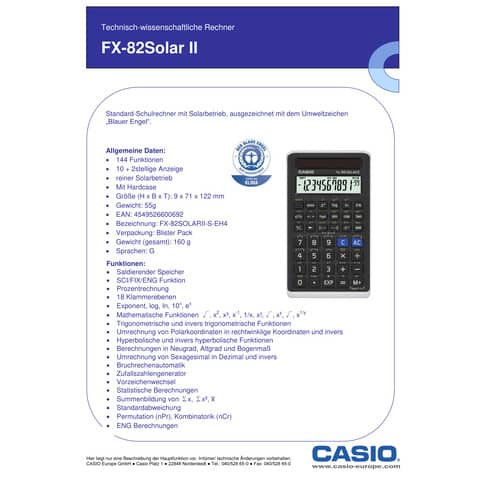 Schulrechner 10+2-stellig schwarz CASIO FX-82Solar II