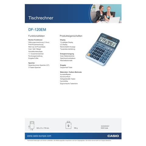 Tischrechner 12-stellig silberblau CASIO DF-120EM Solar/Batterie 103x147x29
