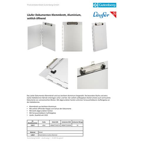 Klemmbrett 216x305mm silber LÄUFER 22017 Aluminium