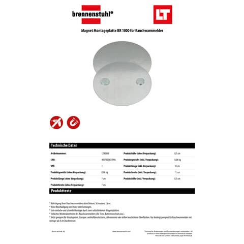 Rauchmelder Magnetplatte BR1000 silber BRENNENSTUHL 1290000 inkl. 2 Magnete