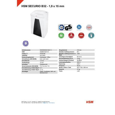 Aktenvernichter SecurioEMCS S4 HSM 1822111 B32 1,9x15mm