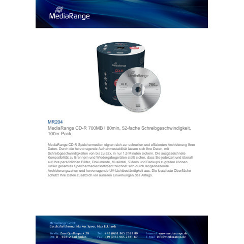 CD-R 100er Spindel inkl. URA MEDIARANGE MR204 700MB 80Min