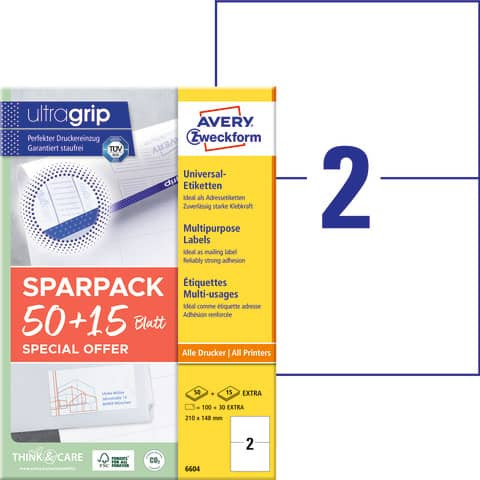 Universaletiketten 210 x 148 weiß AVERY ZWECKFORM 6604 A4 mit ultragrip