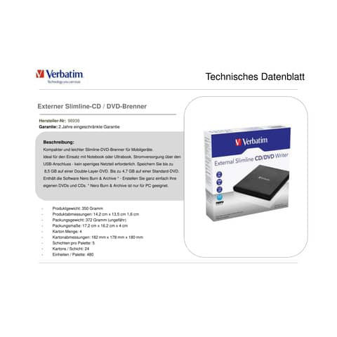 Laufwerk Slimline DVD schwarz VERBATIM 98938