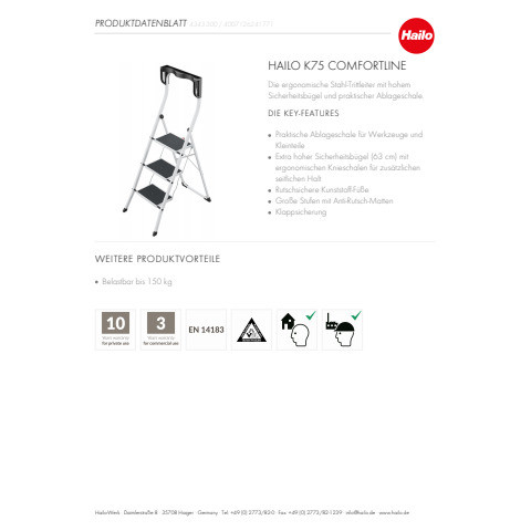 Trittleiter Stahl Hailo K75 ComfortLine ws HAILO 4343-300 3 Stufen