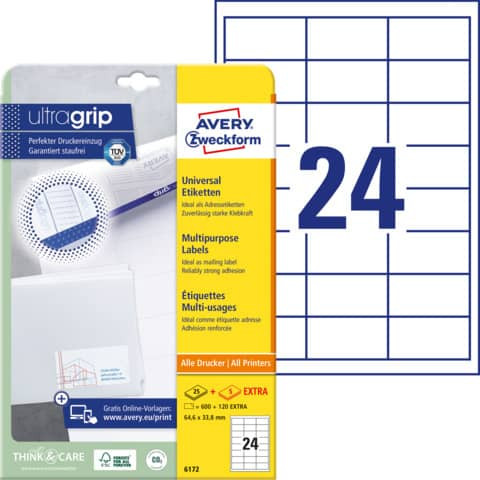 Universaletiketten 64,6x33,8 w AVERY ZWECKFORM 6172 A4/50ST