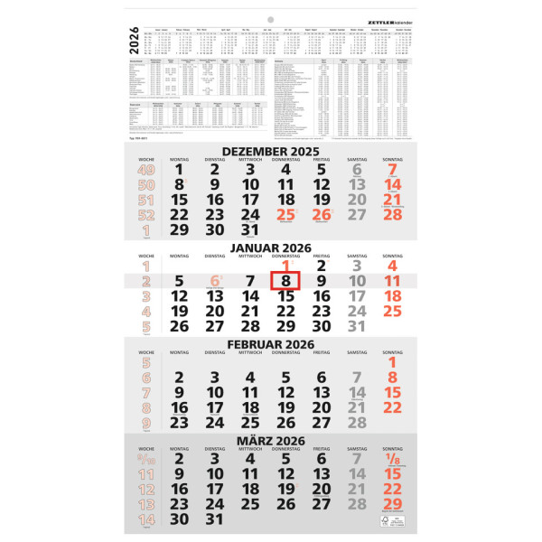 4-Monatskalender 2026, 33 x 59 cm, 4M/1S, rot ZETTLER 660168