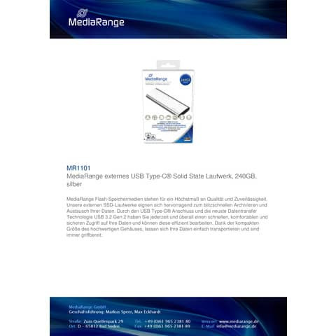 Festplatte extern 240GB silber MEDIARANGE MR1101