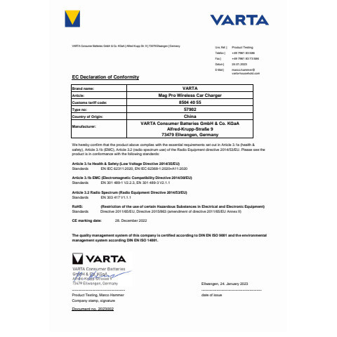 Ladegerät Auto magnetisch schwarz VARTA 57902 101 111 Mag Pro Wireless Car
