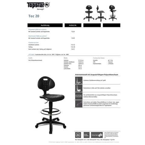 Drehstuhl + Fußring schwarz TOPSTAR 72220PU0T TEC20 bis 84cm