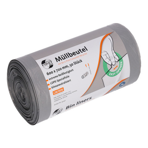 Müllbeutel PCR First Plus 60l grau DEISS 34042 50ST aus LDPE 80%PCR