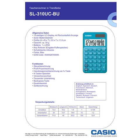 Taschenrechner 10-stellig blau CASIO SL-310UC-BU